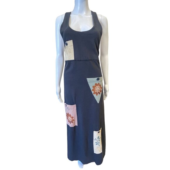 Vintage 90's boho cottage core patchwork dress maxi navy Medium pockets - Picture 7 of 11